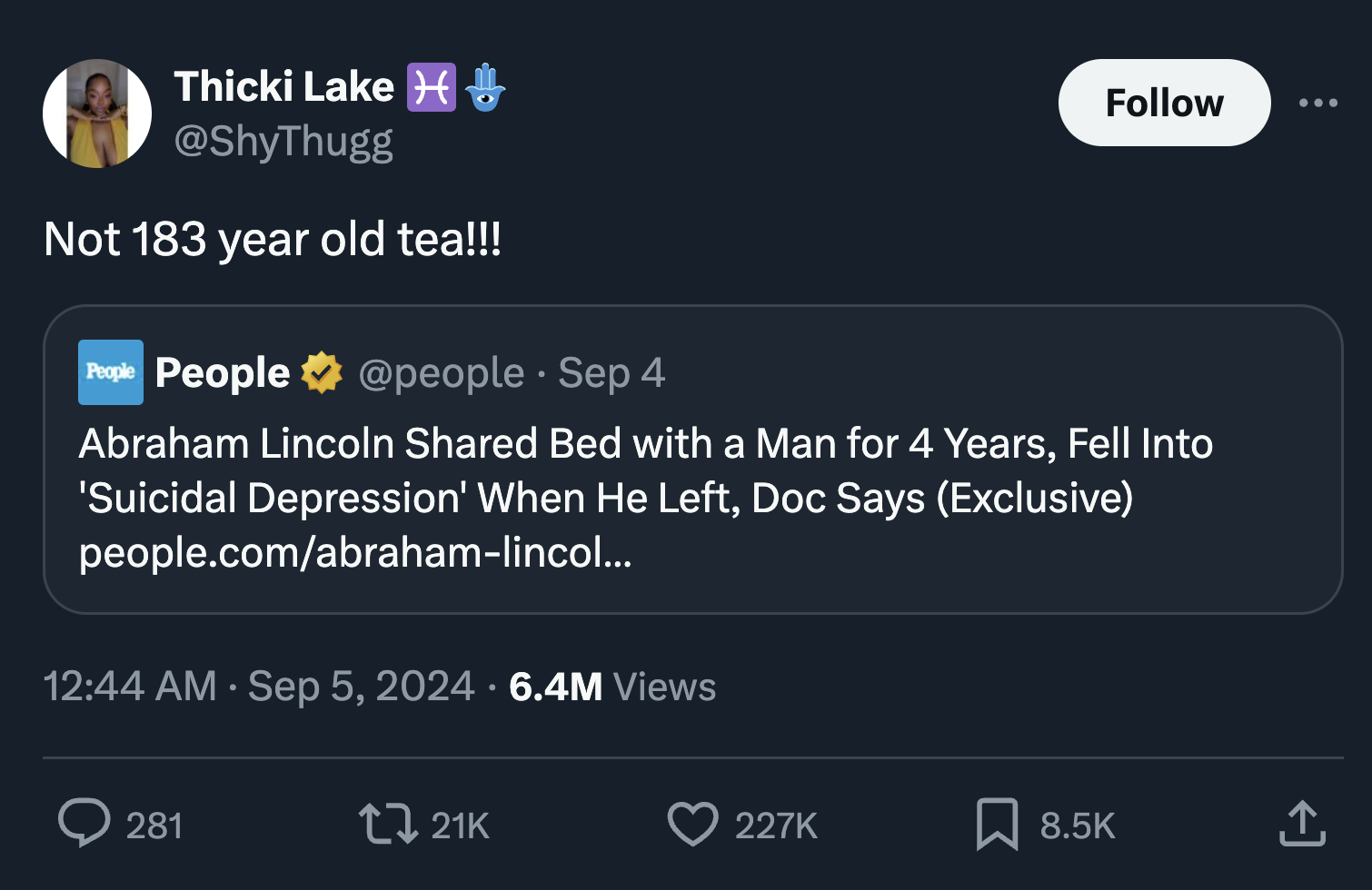 screenshot - Thicki Lake H Not 183 year old tea!!! . People People Sep 4 Abraham Lincoln d Bed with a Man for 4 Years, Fell Into 'Suicidal Depression' When He Left, Doc Says Exclusive people.comabrahamlincol... 6.4M Views